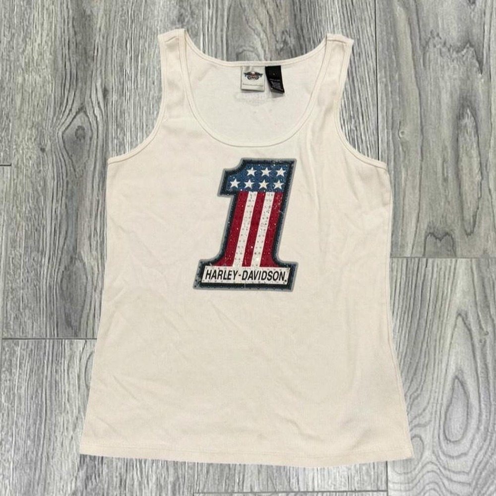 Vintage Y2K Harley Davidson Rhinestone 1 Logo Ribbed Tank Top Large White USA